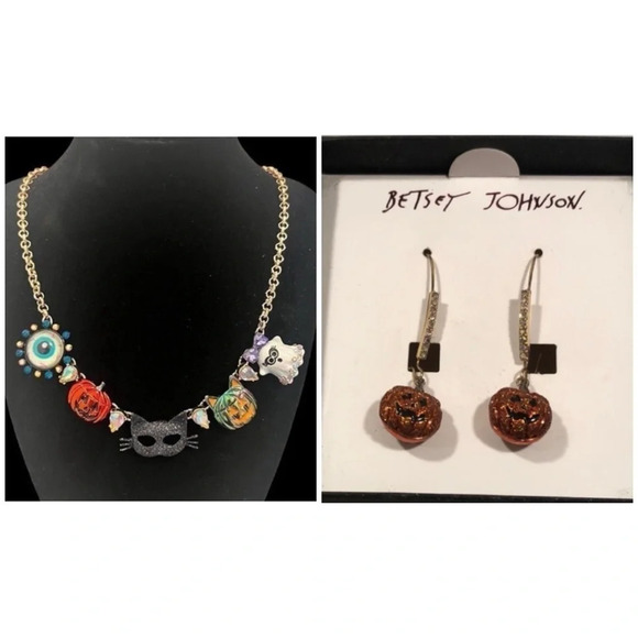 BETSEY JOHNSON SET Halloween Charm Necklace & Matching Pumpkin Earrings NEW NWT - Picture 1 of 8
